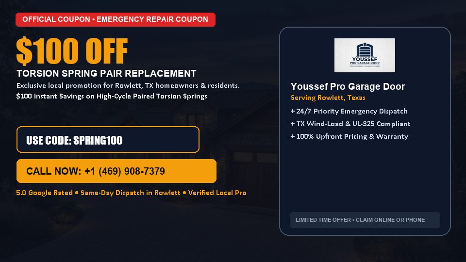 $100 OFF Dual High-Cycle Torsion Spring Replacement in Rowlett, TX - Youssef Pro Garage Door